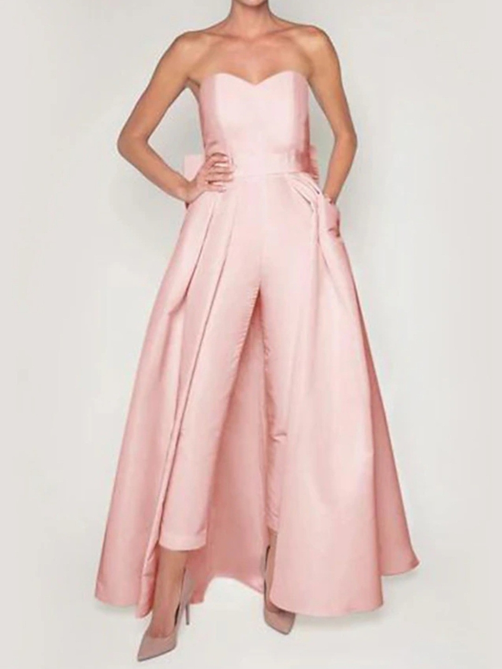 JJ'S HOUSE Strapless Pink Cropped Jumpsuit with Overskirt and Bow Size SMALL NWT